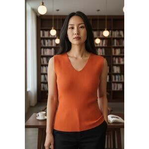 Talbots Women V-Neck Sleeveless Solid Orange Shirt Top Sweater Vest Size XS
